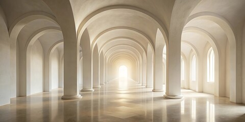 Naklejka premium A symmetrical corridor of arches and pillars, a luminous pathway towards the unknown, the light at the end of the tunnel