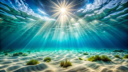 Breathtaking rays of sunlight pierce the ocean's surface, creating a peaceful underwater ambiance that highlights the enchanting beauty of nature's marine environment.