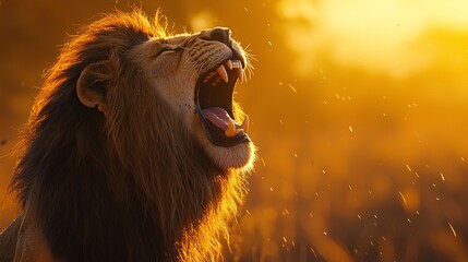 Naklejka premium A lion roaring in the early morning light, its powerful voice echoing across the plains