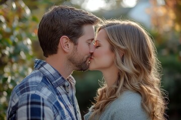 Beautiful couple kissing outdoors, Generative AI