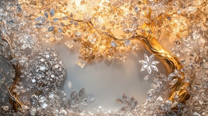 A fairytale-inspired backdrop with a majestic golden tree and a smaller silver tree, both adorned with sparkling leaves and surrounded by diamonds and gems