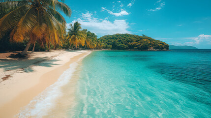 Fototapeta premium A serene island with palm trees surrounded by calm waters under a bright blue sky during daylight hours