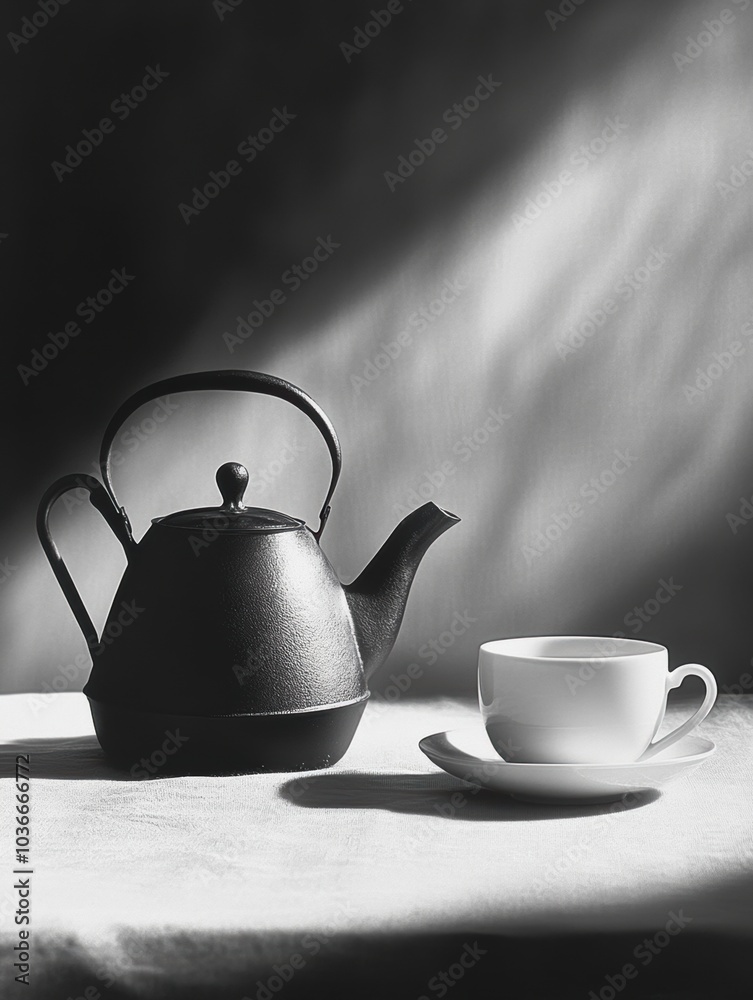 Poster a black tea kettle and a white cup rest on a table, illuminated by soft light, evoking a calming tea