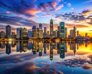 Fototapeta premium A city skyline at dusk with reflective water