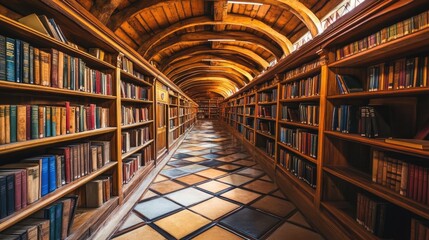Fototapeta premium Serene Library Aisle with Wooden Arches and Books