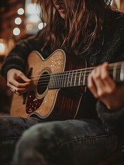 A young woman with long brown hair passionately strumming an acoustic guitar, surrounded by warm lights that create a cozy atmosphere.