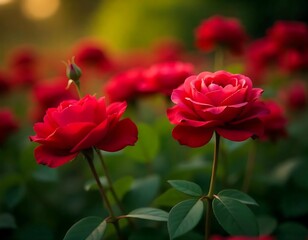 Obraz premium Vibrant crimson red roses with soft bokeh background, for garden design or romantic greeting card