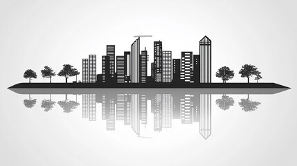 Cityscape black and white silhouette illustration on white background