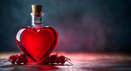 A bottle of red liquid with a cork stopper and a heart shaped glass