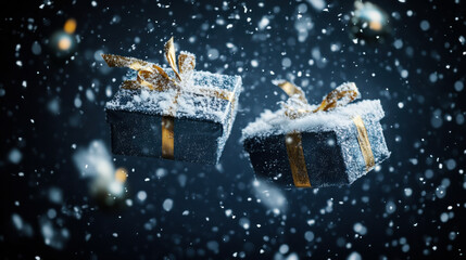 Winter wonderland with falling snow and red gift boxes adorned with gold ribbons during the holiday season