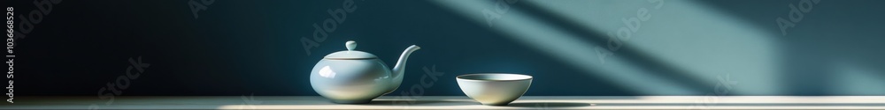 Poster a teapot and cup rest on a wooden table, illuminated by soft morning light, creating a tranquil atmo