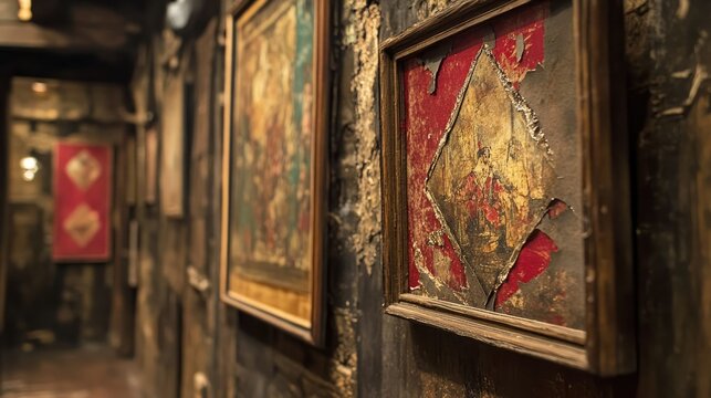 Torn and Stained Art Pieces in a Gallery Setting