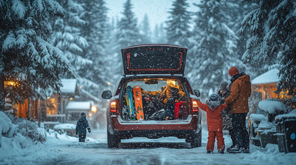 Family preparing a wintersport trip, packing Luggage into a car, back view of the car.