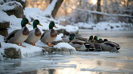 Fototapeta premium A group of ducks huddle together on a snowy, icy riverbank, seeking warmth and shelter from the winter chill.