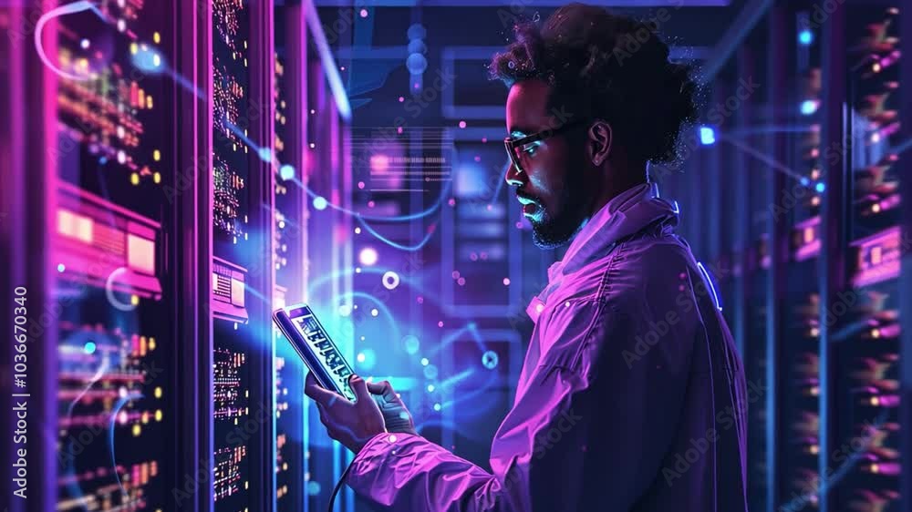 Poster A technician focuses on a tablet in a contemporary data center filled with server racks. The vibrant LED lights create an engaging atmosphere as he analyzes the data.