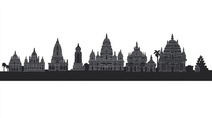 cityscape of Hindu religious  black and white silhouette vector illustration on white background
