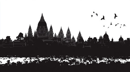 cityscape of Hindu religious  black and white silhouette vector illustration on white background