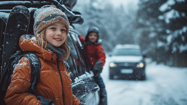 Family on a wintersport trip, car filled with Luggage, back view of the car.