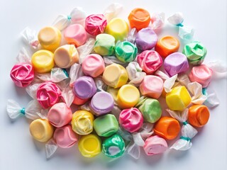 Celebrate National Taffy Day with minimalist photography showcasing saltwater taffy, a delightful confection that captures sweet treats and festive desserts against a pure white background.