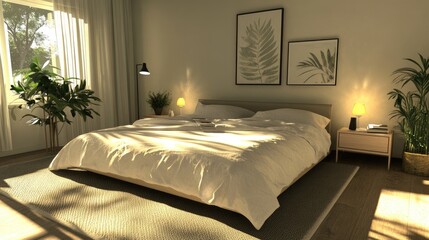 Serene Modern Bedroom with Natural Light and Plants