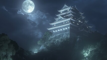 Illuminated Japanese Castle in Ancient Medieval Landscape - A Nightime View of Traditional Architecture