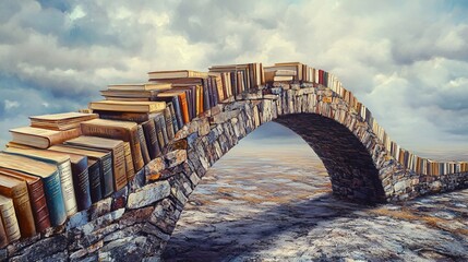 Stone arch bridge made of stacked books under a cloudy sky.