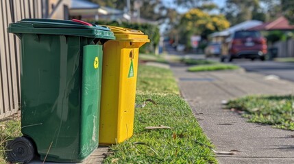 Naklejka premium Green and Yellow Recycling Bins on Curb