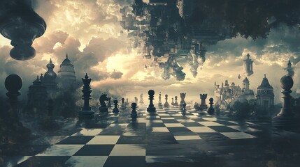 Surreal landscape with upside down city reflected in a giant chessboard.