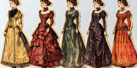 Five elegant vintage paper dolls in beautiful gowns, showcasing intricate designs and rich colors, highlighting fashion trends from a bygone era.