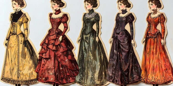 Five elegant vintage paper dolls in beautiful gowns, showcasing intricate designs and rich colors, highlighting fashion trends from a bygone era.