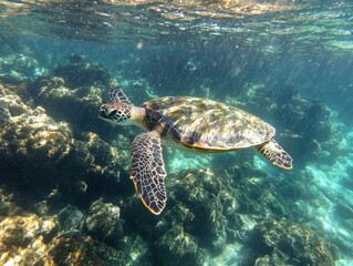 Obraz premium Sea Turtle Gliding Gracefully Through Clear Waters, Capturing Serenity