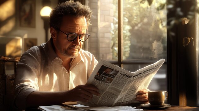 Man Reading Newspaper in Cozy Cafe Setting