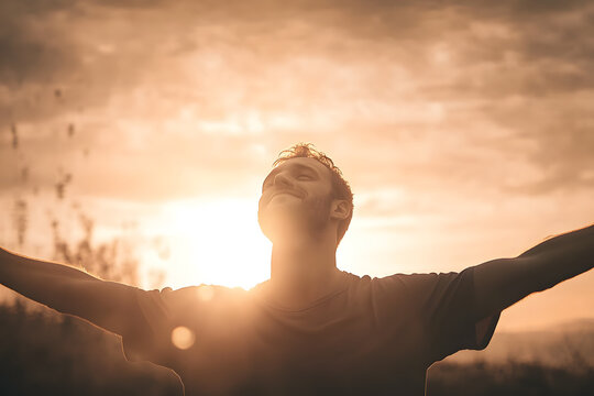 Happy man thinking felling depression energy mission on background. Christian realization pray happy freedom worship praise god. Strength courage self confident good life for yourself concept