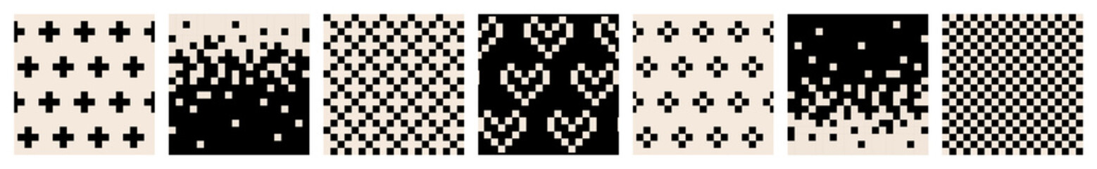 Fototapeta premium Big set of abstract modern seamless black and white pixel patterns of hearts, transitions, diamonds, checkerboard patterns, flat style