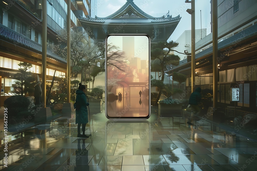 Wall mural realistic pov capture showing a hand holding a mobile phone with a blank white screen open to a mess