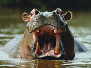 Fototapeta premium Hippopotamus Lounging with Mouth Open, Showcasing Its Massive Size
