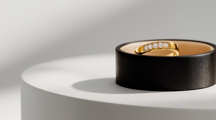 Minimalist  Gold Ring with Diamond Detail: A simple yet elegant gold ring with a delicate row of diamonds, showcased on a minimalist black and white background.