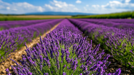 Naklejka premium Campo de lavanda en plena floración bajo un cielo despejado azul