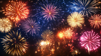 Fototapeta premium Festival Fireworks with colored night sky bokeh background. Beautiful holiday web banner or billboard. Greeting card Happy New Year 2025.