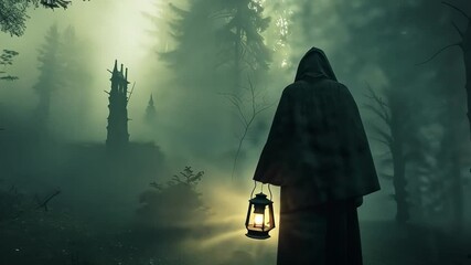 A ghostly figure standing in a dark forest, with a lantern in one hand, and fog swirling around their feet