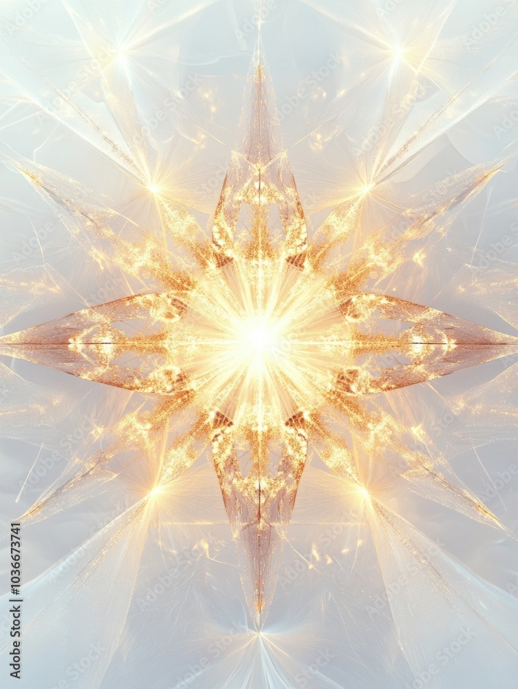 Poster intricate geometric shapes resemble snowflakes, emanating a vibrant light that fills the space with 