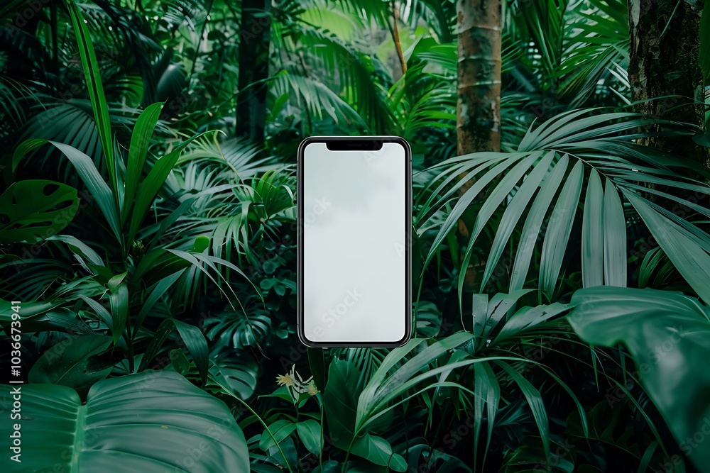 Wall mural realistic pov capture showing a hand holding a mobile phone with a blank white screen open to a mess
