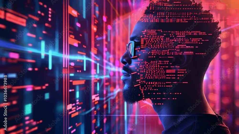 Fototapete A person wearing glasses is immersed in a vibrant digital environment, with glowing data patterns and colorful light effects enhancing the futuristic atmosphere.