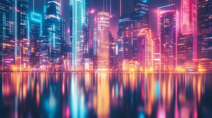Fototapeta premium Futuristic Cityscape with Neon Lights and Reflection