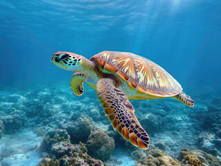 Obraz premium Green Sea Turtle Swimming Against the Current, Framed Beautifully in Its Habitat