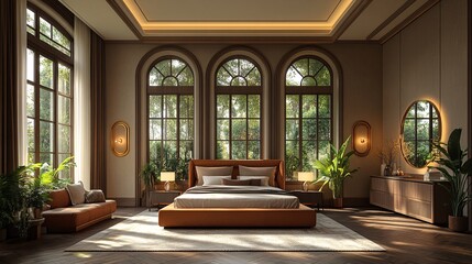 Fototapeta premium Elegant Bedroom Design with Tall Ceilings and Soft Lighting