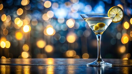 A Martini Glass Adorned with Citrus and Olives, Centered on a Smooth Dark Surface, Against a Background of Blurry Lights