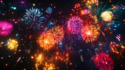 Festival Fireworks with colored night sky bokeh background.  Beautiful holiday web banner or billboard. Greeting card Happy New Year 2025.