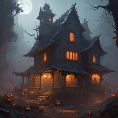 A spooky, old, and dilapidated haunted house in the woods at night with jack-o-lanterns scattered on the ground.