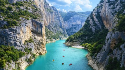 Scenic River Canyon with Kayakers in Bright Blue Water